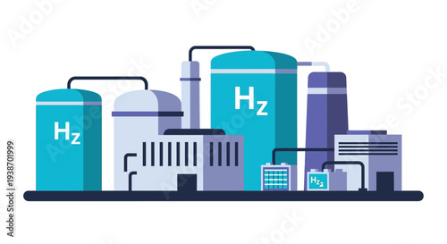 An illustration of a hydrogen production and storage facility with large H2 tanks and industrial buildings.