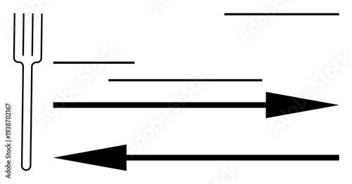 Navigation, direction, graphic design, abstract art, movement, culinary . Black arrows, fork symbol and horizontal lines in a minimal layout. Navigation and direction concepts