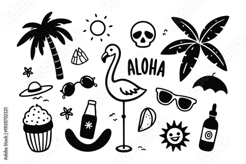 Aloha Hawaiian Tropics Doodle Collection with Palm Trees, Flamingo, Sunglasses, and Sun Icons