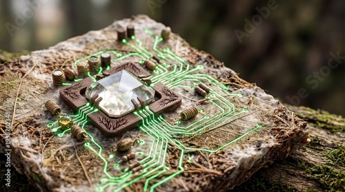 Futuristic organic computer processor with glowing green circuits on natural tree bark and central crystal, concept of green technology and sustainable eco-friendly computing.