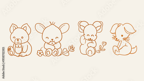 Adorable illustrated outlines of four different cartoon animals with smiling faces on a cream background