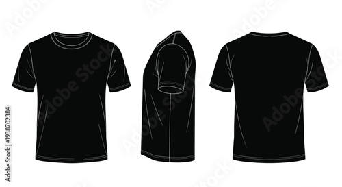 Three identical black t-shirts are precisely displayed in front, side, and back views against a crisp white background.