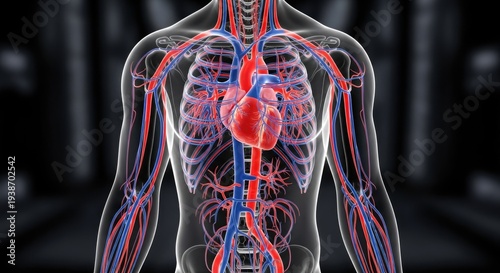 Human circulatory system anatomy, showing the heart and blood vessels, conveying concepts of cardiovascular health, disease prevention, and medical treatment support