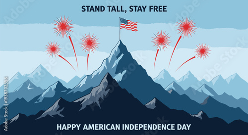 American Independence Day vector illustration with fireworks and mountains
