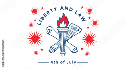 Vector 4th of July patriotic emblem with torch and law symbols