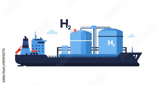 Illustration of a large dark blue ship with two light blue hydrogen (H2) storage tanks on its deck, depicting hydrogen transport by sea.