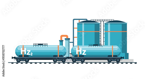 Illustration of hydrogen production and transport infrastructure with H2 labeled train tank cars and large storage tanks.