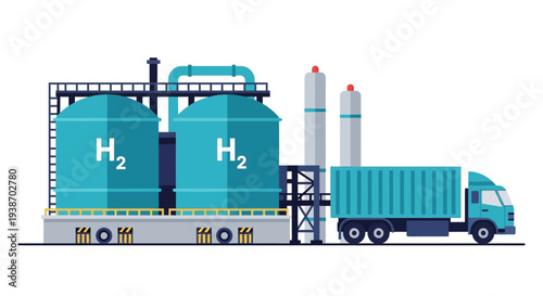 Illustration of a hydrogen production and storage facility with a transport truck ready for delivery.