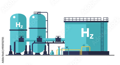 Industrial facility for hydrogen production and storage with large H2 tanks and piping system.