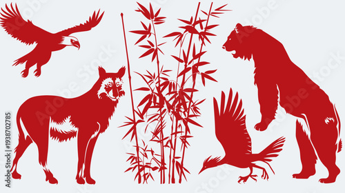 Silhouetted illustration of various animals in red against a white backdrop, plus bamboo