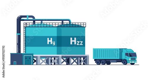 Industrial facility with large storage tanks for hydrogen or other gases, next to a transport truck.