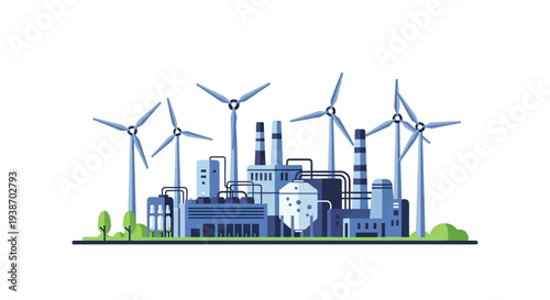 Modern industrial complex with wind turbines symbolizing sustainable energy and eco-friendly manufacturing processes.