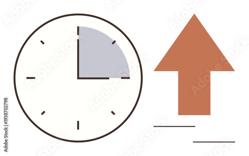 Time management, productivity, efficiency, goal progress, scheduling, performance improvement. A clock with shaded segment and an upward arrow. Time management and productivity concepts