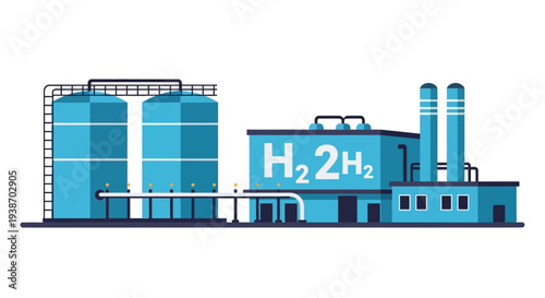 Illustration of a modern industrial facility dedicated to the production and storage of hydrogen gas, featuring large storage tanks and a processing plant with "H2" signage.