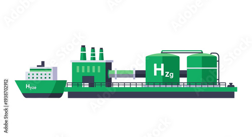 Illustration of a green hydrogen production facility on a barge with a ship docked, showcasing industrial energy infrastructure.