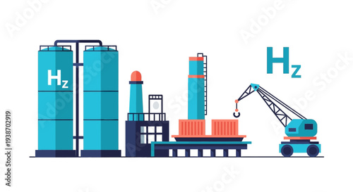 Illustration of a hydrogen production facility with storage tanks and a crane loading containers.