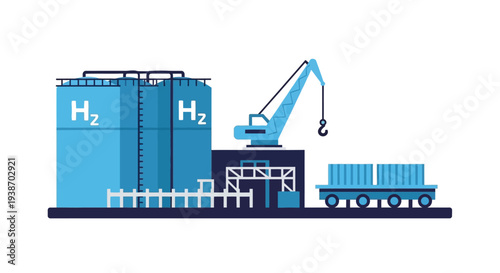 Industrial facility for storing and transporting hydrogen gas, featuring large H2 tanks, a loading crane, and a transport cart.