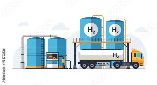 Illustration of a hydrogen production and storage facility with a tanker truck for distribution, showcasing clean energy infrastructure.