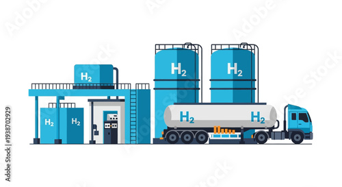 Illustration of a hydrogen fuel production and distribution facility with storage tanks and a tanker truck.