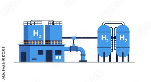 Illustration of a modern industrial facility for hydrogen production and storage, featuring large blue tanks labeled 'H2' and interconnected piping systems.