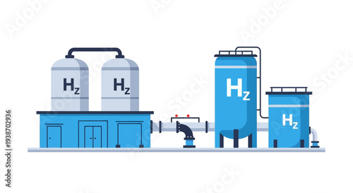 Illustration of a hydrogen production and storage facility with multiple H2 tanks and connecting pipelines.