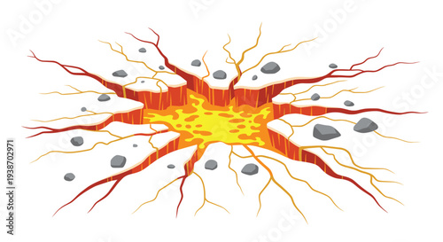 A dramatic illustration features a central, star-shaped fissure in the earth, revealing glowing molten lava and radiating cracks against a light-colored ground with scattered rocks.