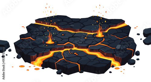 A detailed pixel art illustration of a cracked dark volcanic island with vibrant orange lava and three fiery eruptions on a white background.