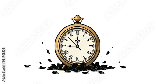 A gleaming golden pocket watch with classic Roman numerals stands upright on a scattered pile of dark, irregular petal-like fragments.