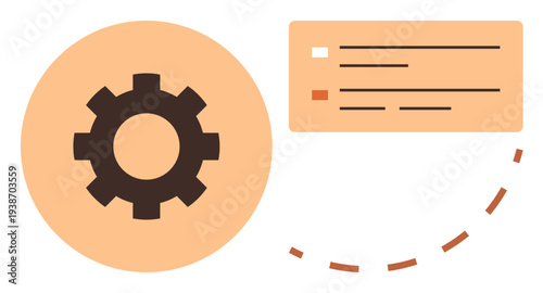 Workflow management, automation tools, process optimization, data systems, task management, collaboration. Gear icon and data display panel connected with dashed line. Workflow and process