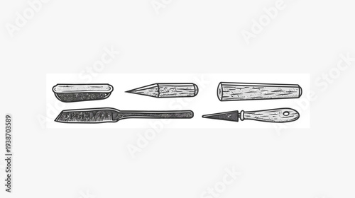 Monochrome illustration of several hand tools including a trowel, knife, and putty knives