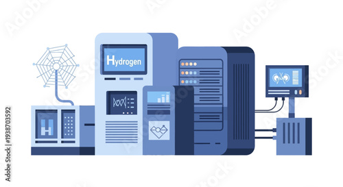 Illustration of a hydrogen-powered server rack and advanced computing systems connected to a network.