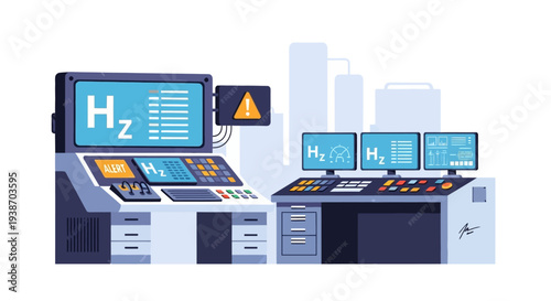 Modern control room with multiple computer screens displaying data and warning signs, representing industrial technology and monitoring systems.