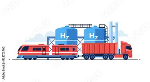 Illustration of a hydrogen fuel station with a train and truck for transportation and storage of hydrogen gas.