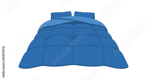 A neatly made bed with a plush blue comforter and two matching pillows is viewed from a high-angle perspective.