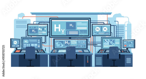 A futuristic control room with multiple monitors displaying complex data and scientific information, featuring a central large screen with 'Hy' prominently displayed.