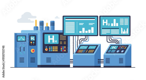 Modern industrial facility with advanced control systems and digital displays showing data related to hydrogen production.