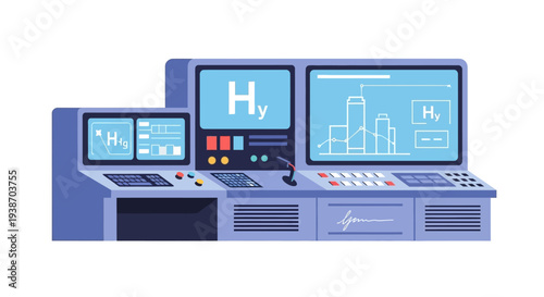 Advanced control panel with multiple screens displaying data and diagrams, suggesting a sophisticated technological or scientific operation.