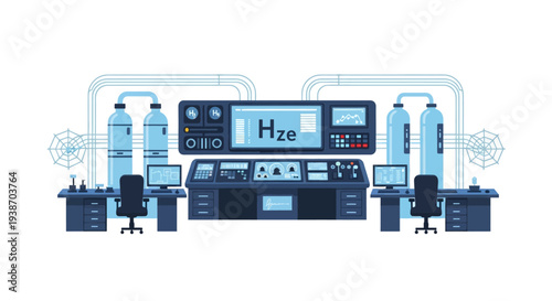 Advanced laboratory setup with sophisticated control panels, monitors displaying 'Hze', and scientific equipment for research and development.