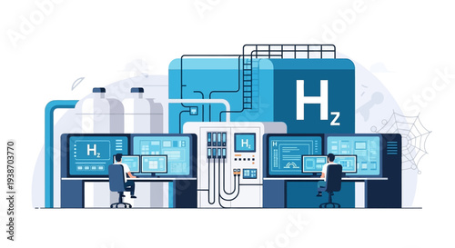 Modern hydrogen production facility with advanced control room monitoring systems and large H2 storage tanks.