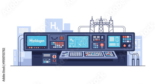 Control panel for a hydrogen production facility, featuring multiple screens displaying data and controls, with industrial buildings in the background.