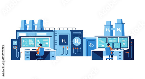 Modern hydrogen production facility with control rooms and advanced technology for clean energy generation.