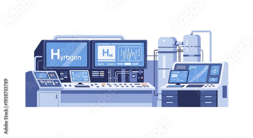 Advanced laboratory equipment with multiple monitors displaying scientific data and the word 'Hydrogen' for research and development in a modern facility.