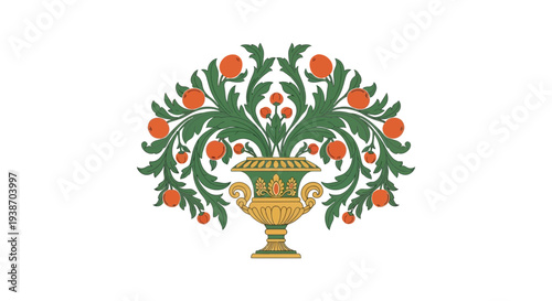 vase with orange fruits and green leaves