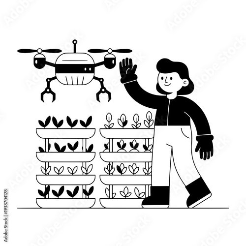Vertical Farm Illustration for Sustainable Agriculture or Modern Agritech Outline Graphic for Environmental Design