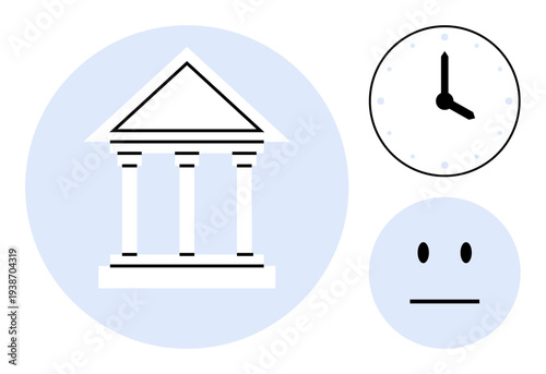 Justice, time management, law, government, decision-making, neutral expression. A courthouse, clock and neutral face. Justice and time management through building and clock symbols