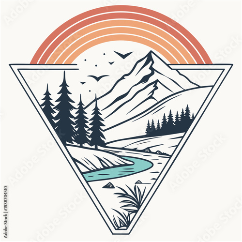 Minimalist nature landscape with mountains, pine forests, river and rainbow in geometric triangle