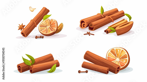 Four arrangements of various spices, including cinnamon sticks, star anise, cloves, and orange slices