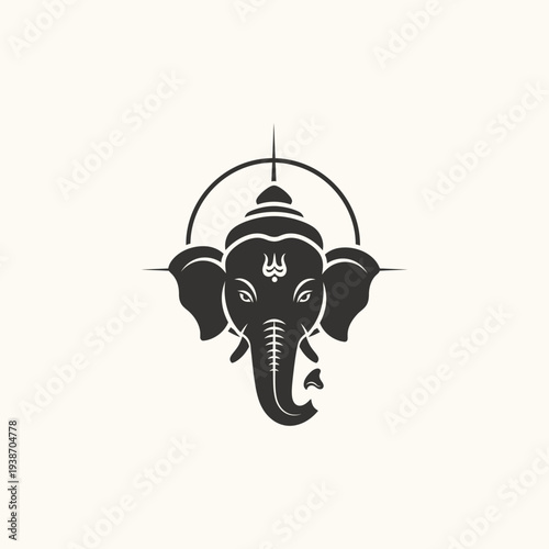 Hindu God Lord Ganesha Elephant Head Silhouette Logo Icon with Trident Mark