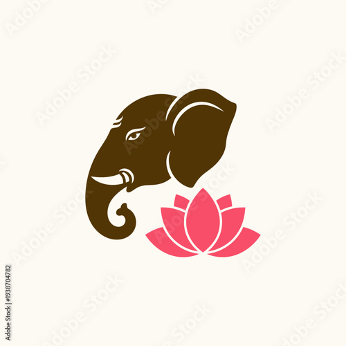 Lord Ganesha elephant head silhouette with sacred red lotus flower symbol, Hindu deity icon