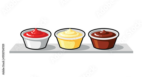 Three small white disposable plastic condiment cups containing red ketchup, yellow mayonnaise, and brown chocolate sauce are arranged on a light gray shelf.